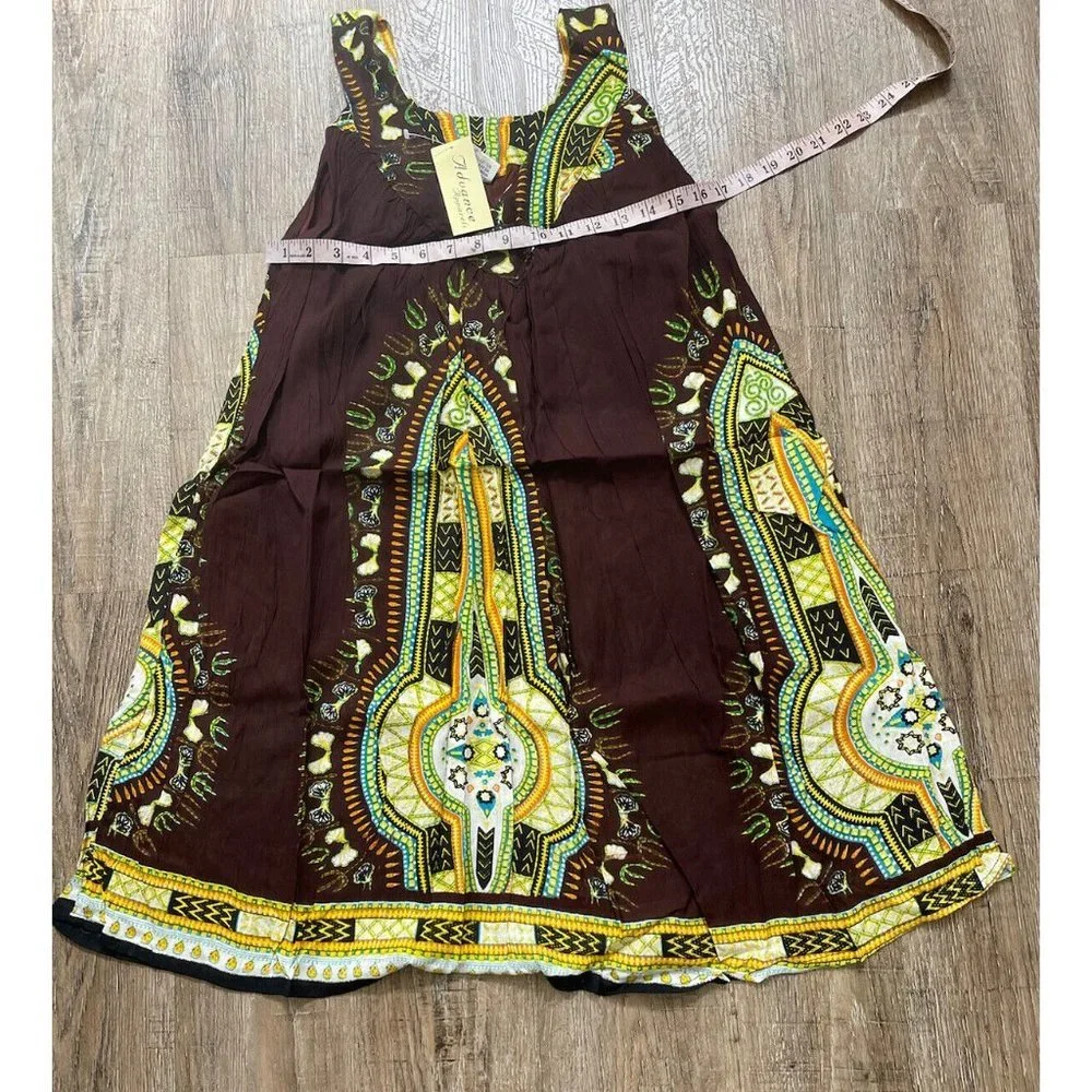 African Dashiki Print Short Sleeveless Sundress One Size Dark Brown